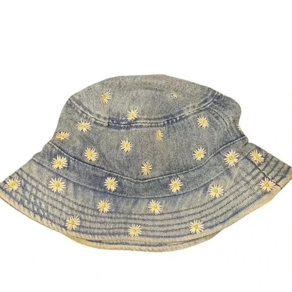 American Eagle Embroidered Sunflower Light Denim Bucket Hat Adult One Size Retro - Picture 1 of 7